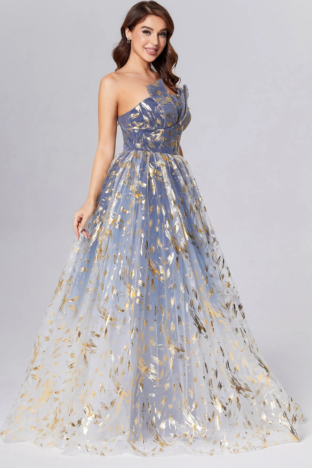 Prom Blue Strapless Sparkly Gradient Tulle Puffy Maxi Dress