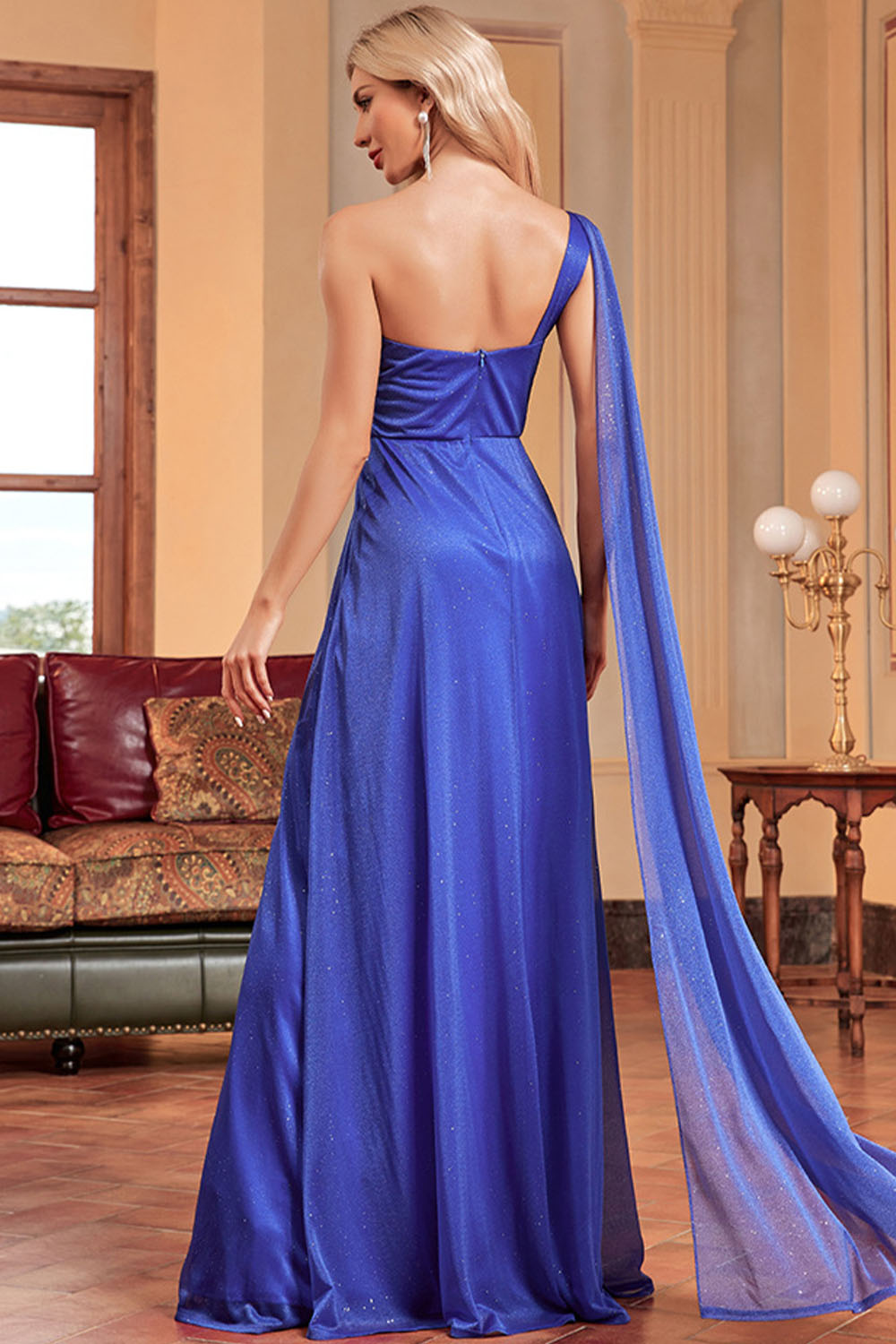 Wedding Guest Royal Blue Chiffon Cape Sleeve Fold Tunic Maxi Dress