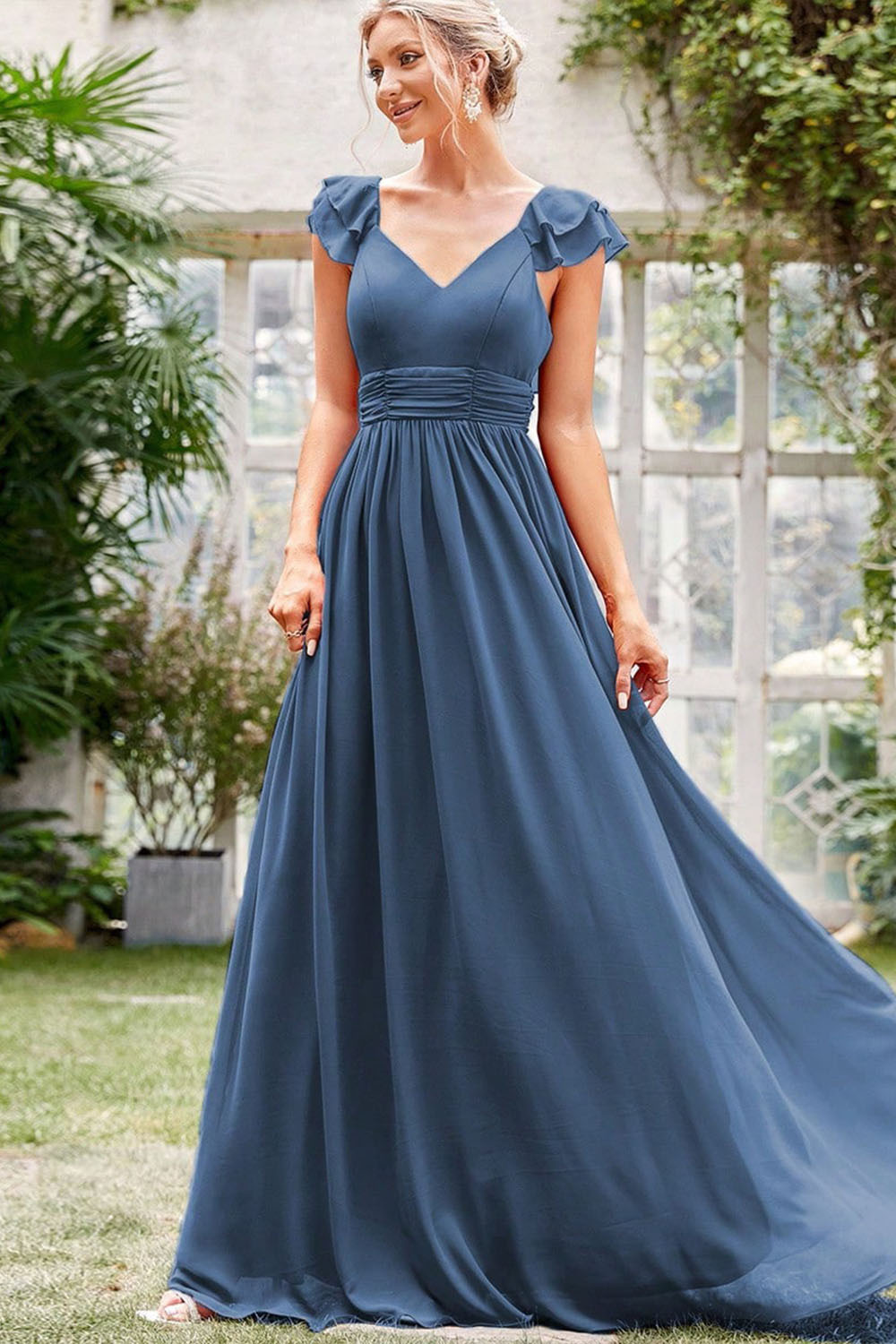 Wedding Guest Dusty Blue Chiffon V Neck Ruffle Maxi Dress