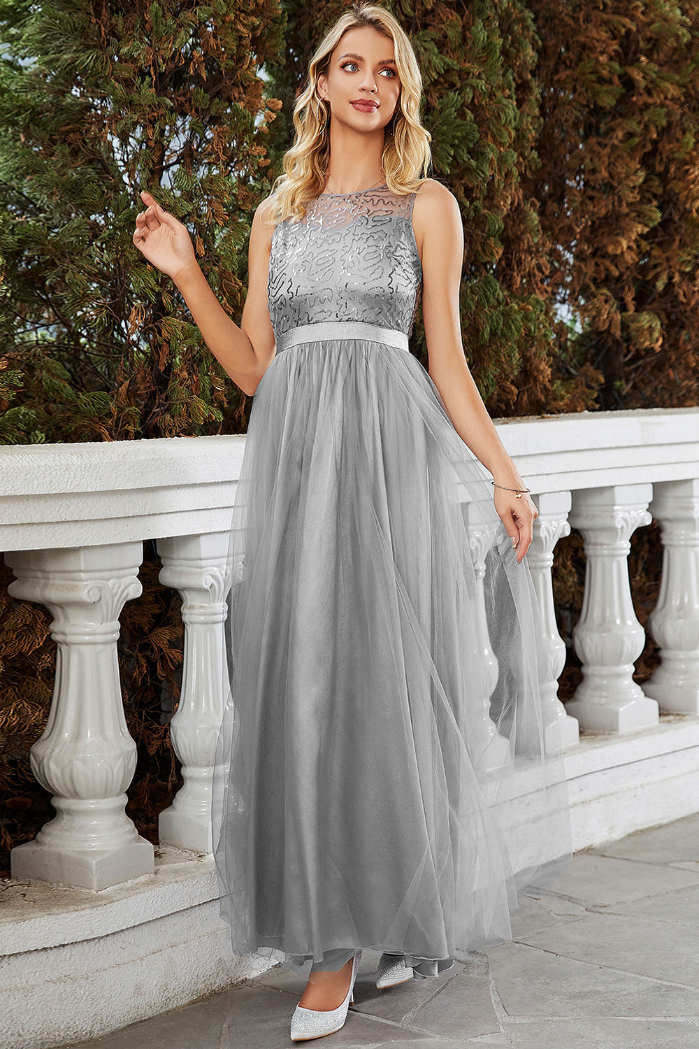 Wedding Guest Grey Sequin Mesh Sleeveless Tunic Maxi Dress