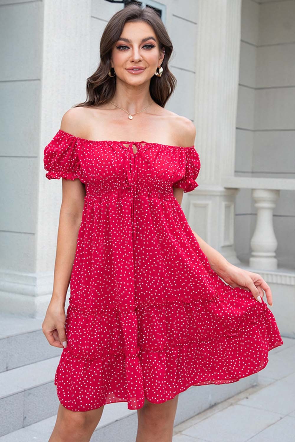 Holiday Black Chiffon Floral Print Lace Up Off The Shoulder Ruffle Mini Dress