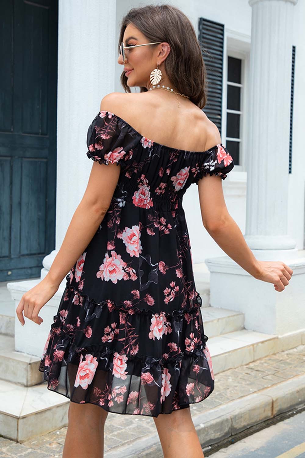 Holiday Black Chiffon Floral Print Lace Up Off The Shoulder Ruffle Mini Dress
