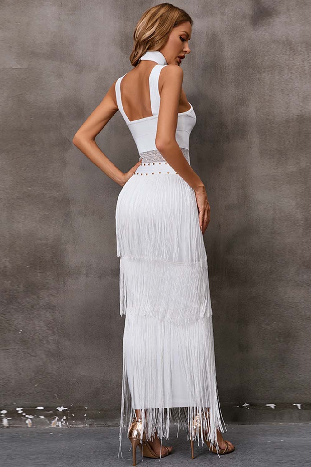 Party White Cut Out High Neck Long Fringe Maxi Dress