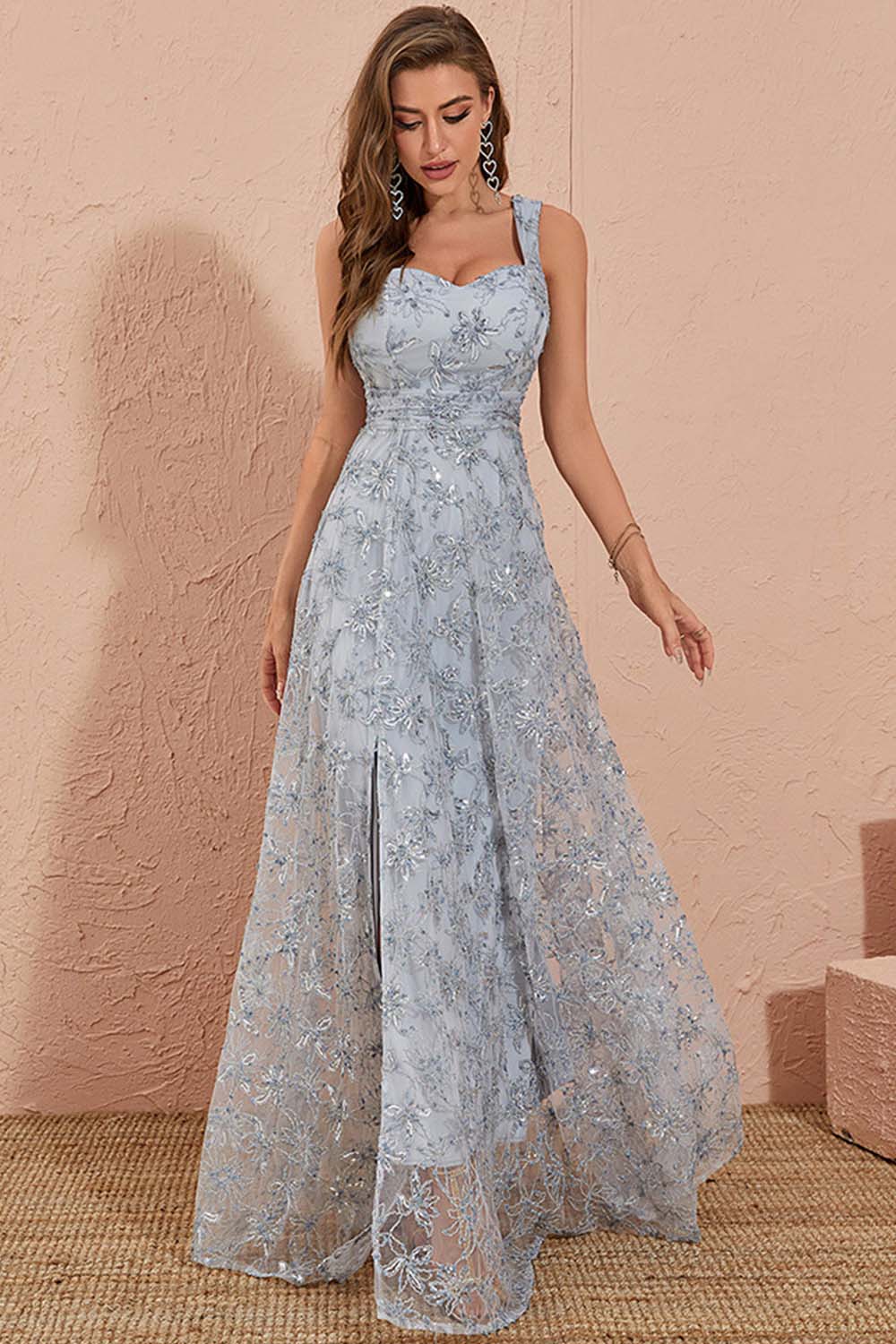 Wedding Guest Grey Sequin Floral Embroidery Split Maxi Dress