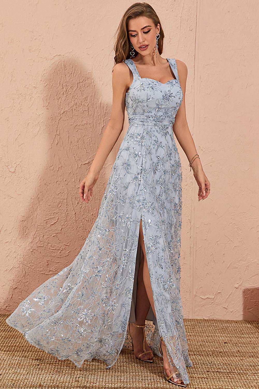 Wedding Guest Grey Sequin Floral Embroidery Split Maxi Dress