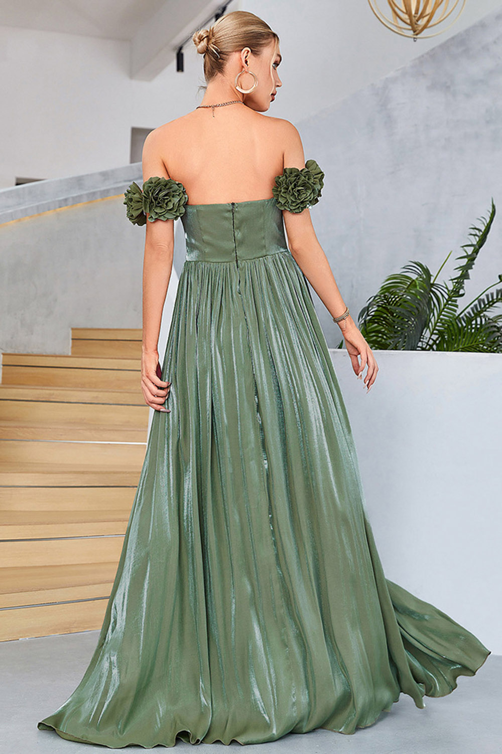 Wedding Guest Green Off The Shoulder Stereo Floral Sleeves Pleated Slit Maxi Dress