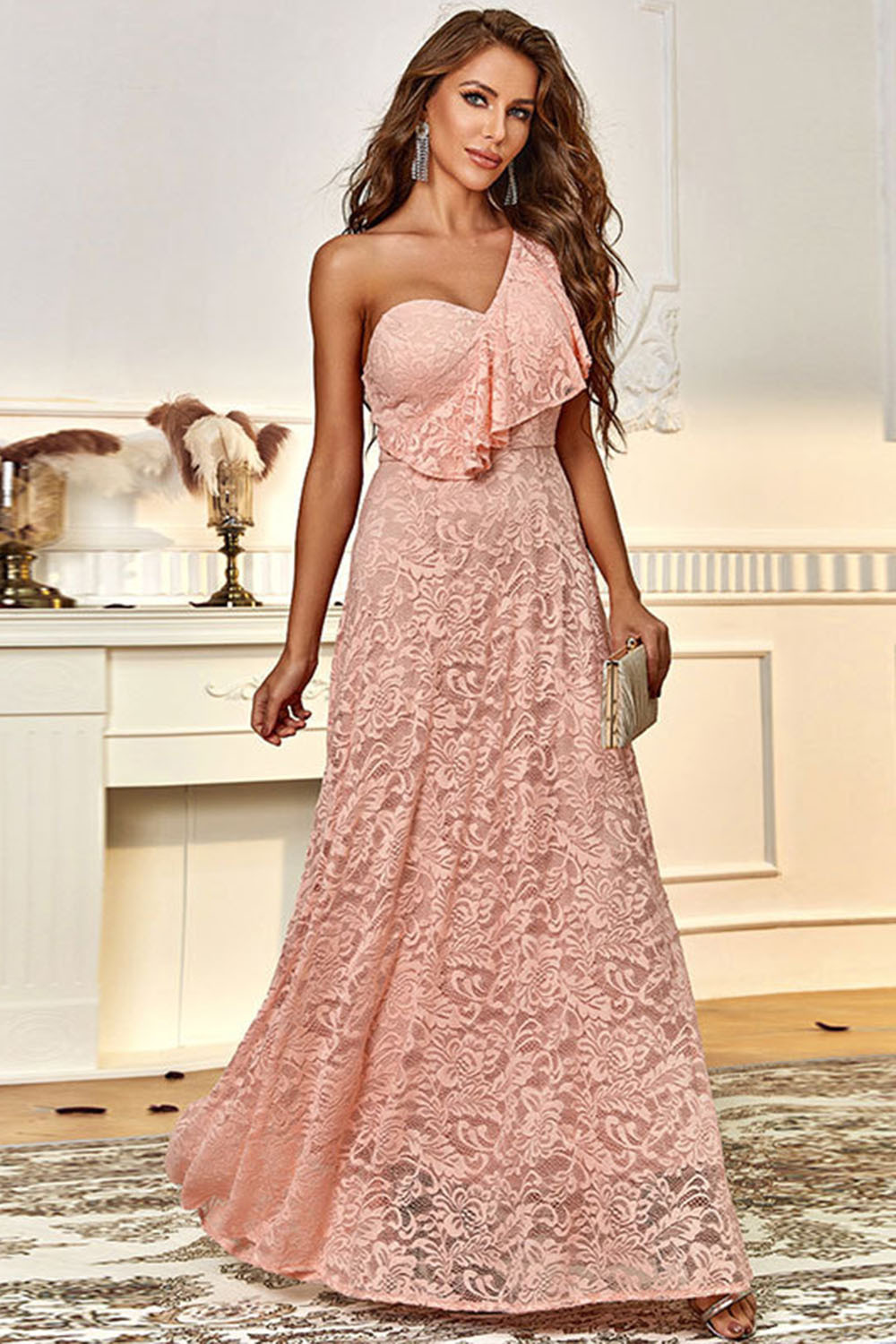 Wedding Guest Pink Lace Skew Neck Ruffle Trim Maxi Dress
