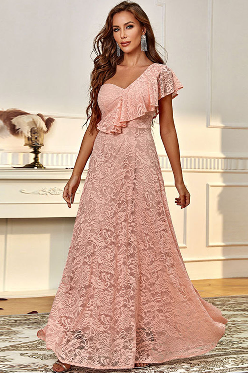 Wedding Guest Pink Lace Skew Neck Ruffle Trim Maxi Dress