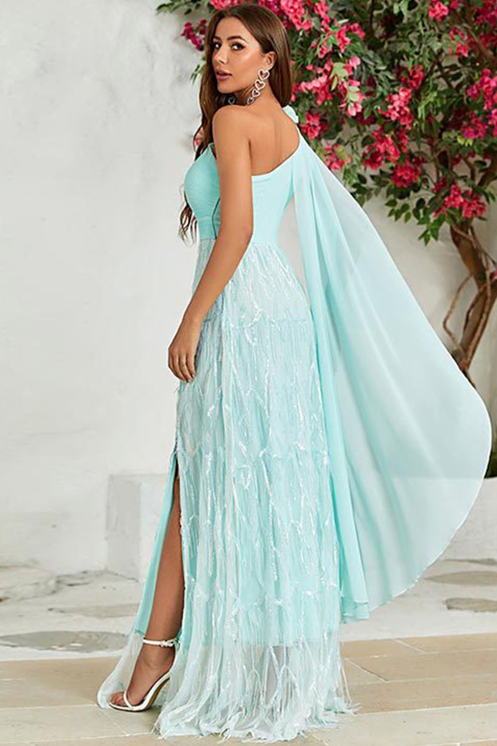 Wedding Guest Light Blue One Shoulder Cape Sleeve Split Fringe Maxi Dress