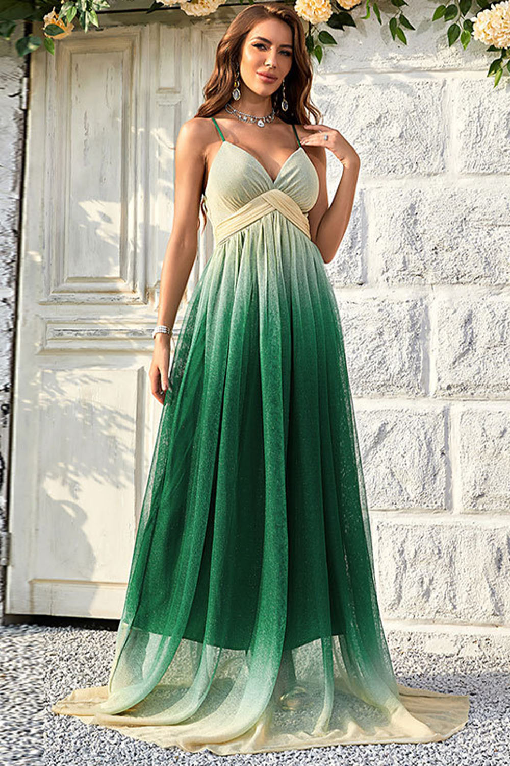 Prom Green Mesh Gradient V Neck Cami Maxi Dress