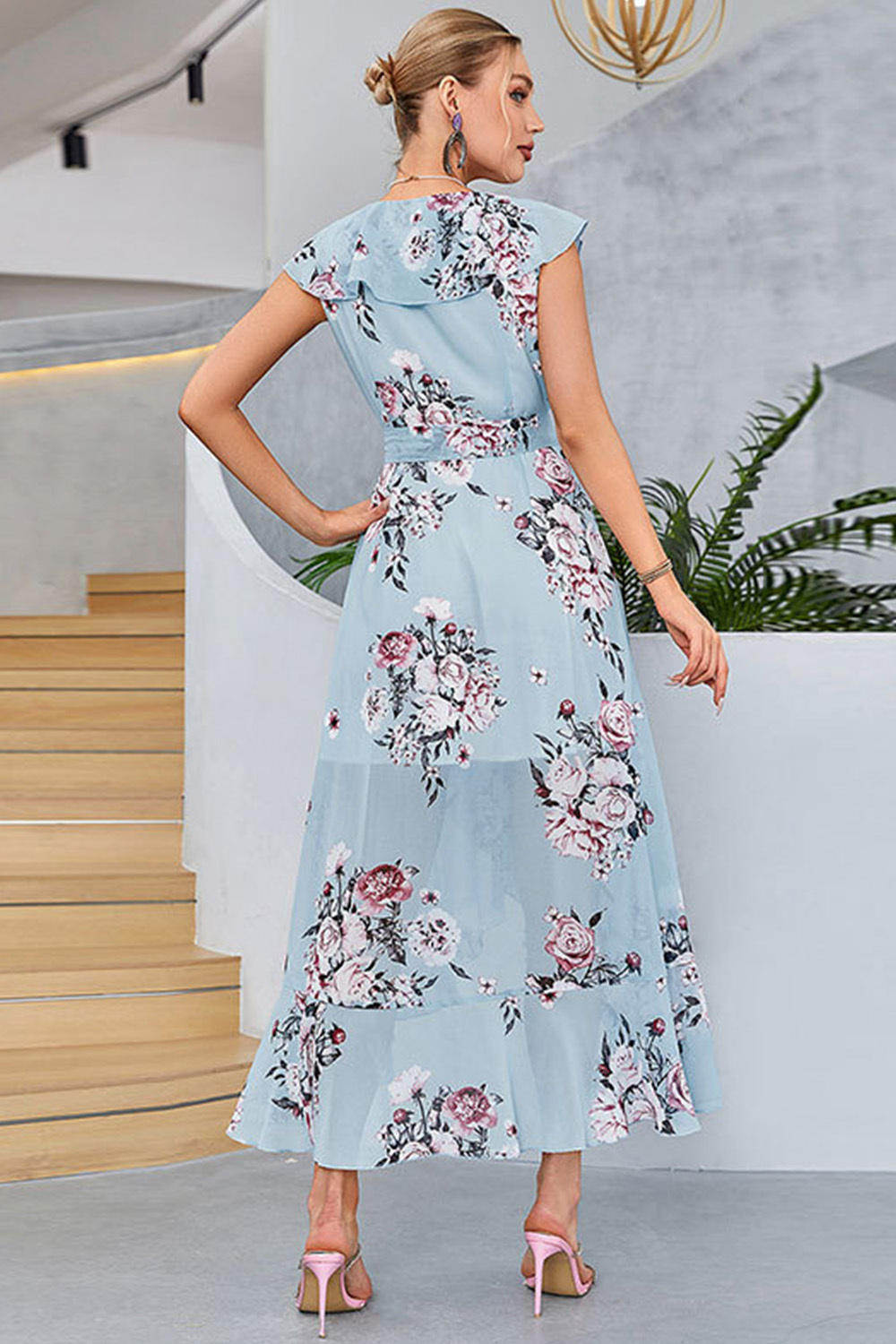 Wedding Guest Blue Chiffon V Neck Floral Print Ruffle Lace Up Midi Dress
