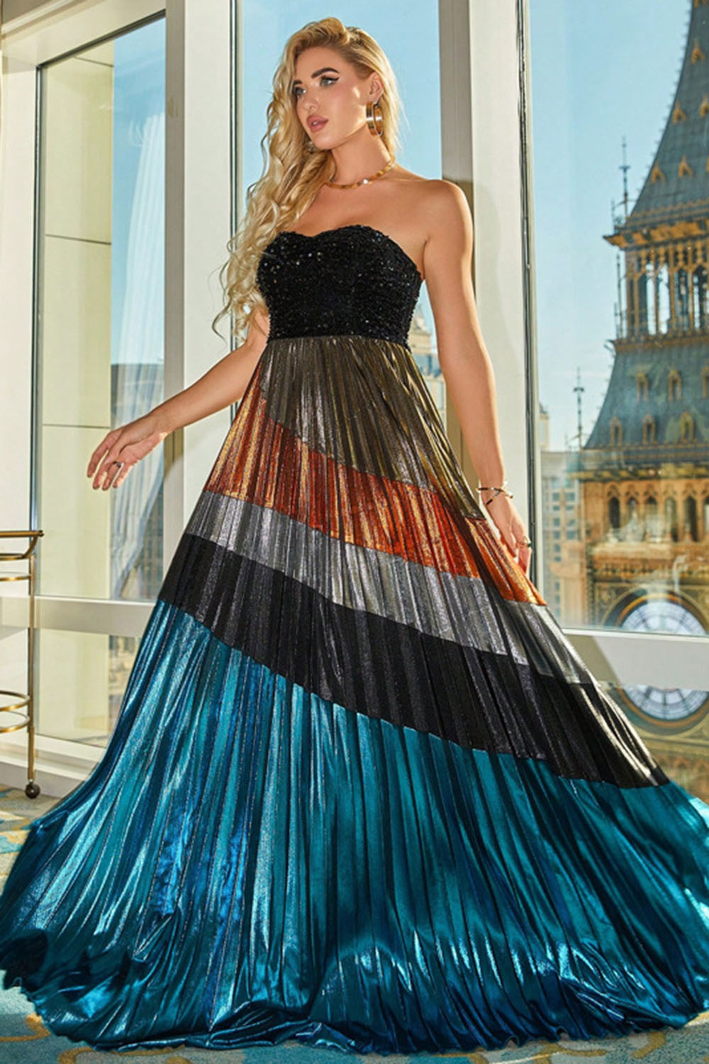 Party Multicolor Sequin Colorblock Strapless Pleated Slit Maxi Dress