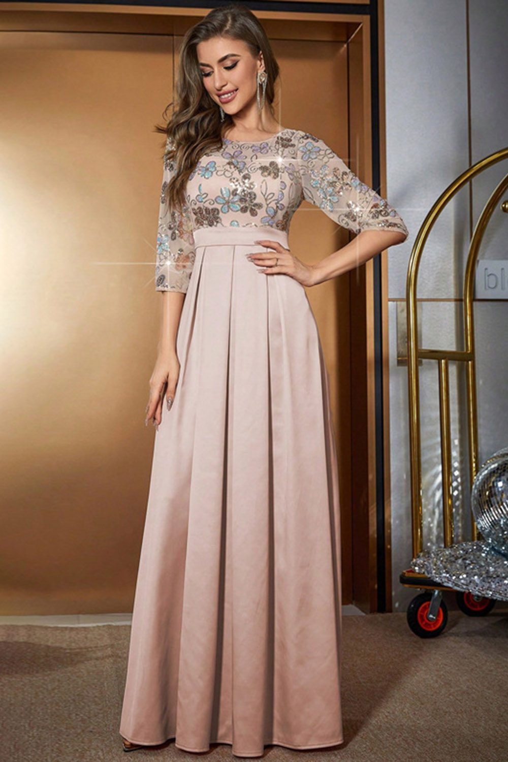 Wedding Guest Champagne Floral Sequin Half Sleeve Backless Pleated Maxi Dress