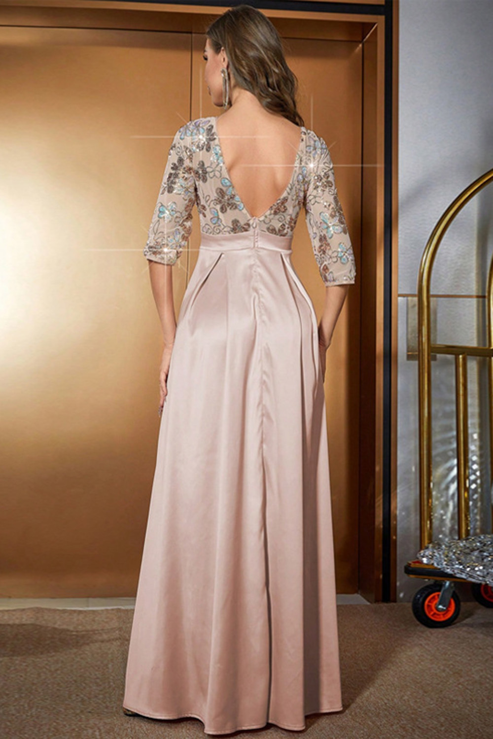 Wedding Guest Champagne Floral Sequin Half Sleeve Backless Pleated Maxi Dress