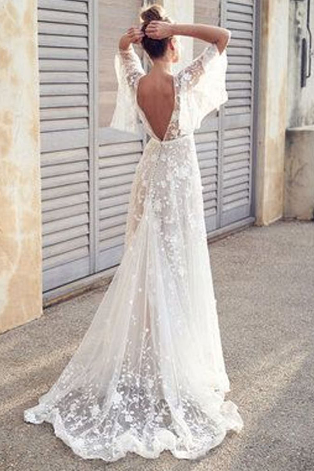 Prom White Embroidery Lace Floral V Neck Ruffle Sleeve Backless Maxi Dress