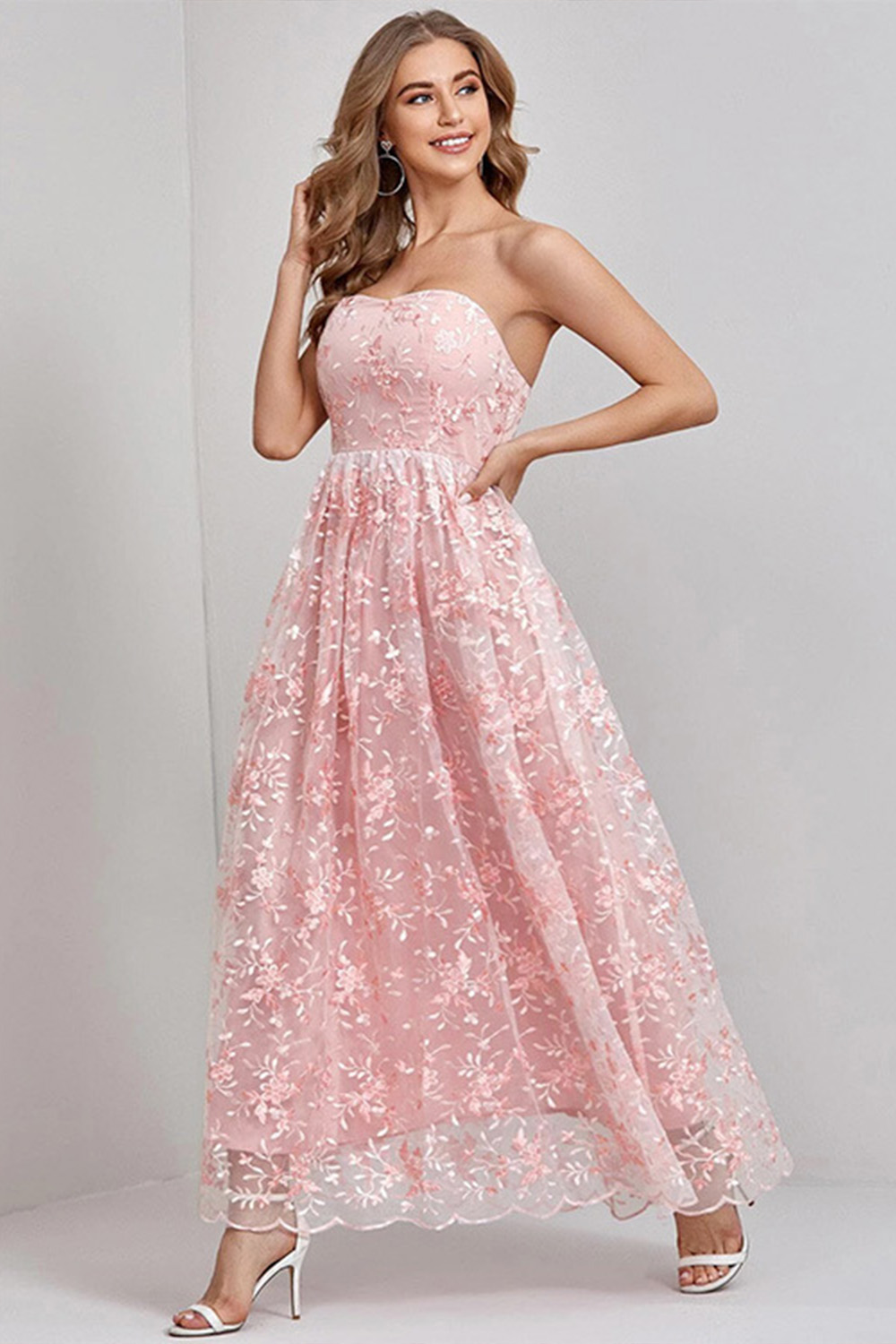Wedding Guest Pink Embroidery Lace Floral Tube Top Maxi Dress