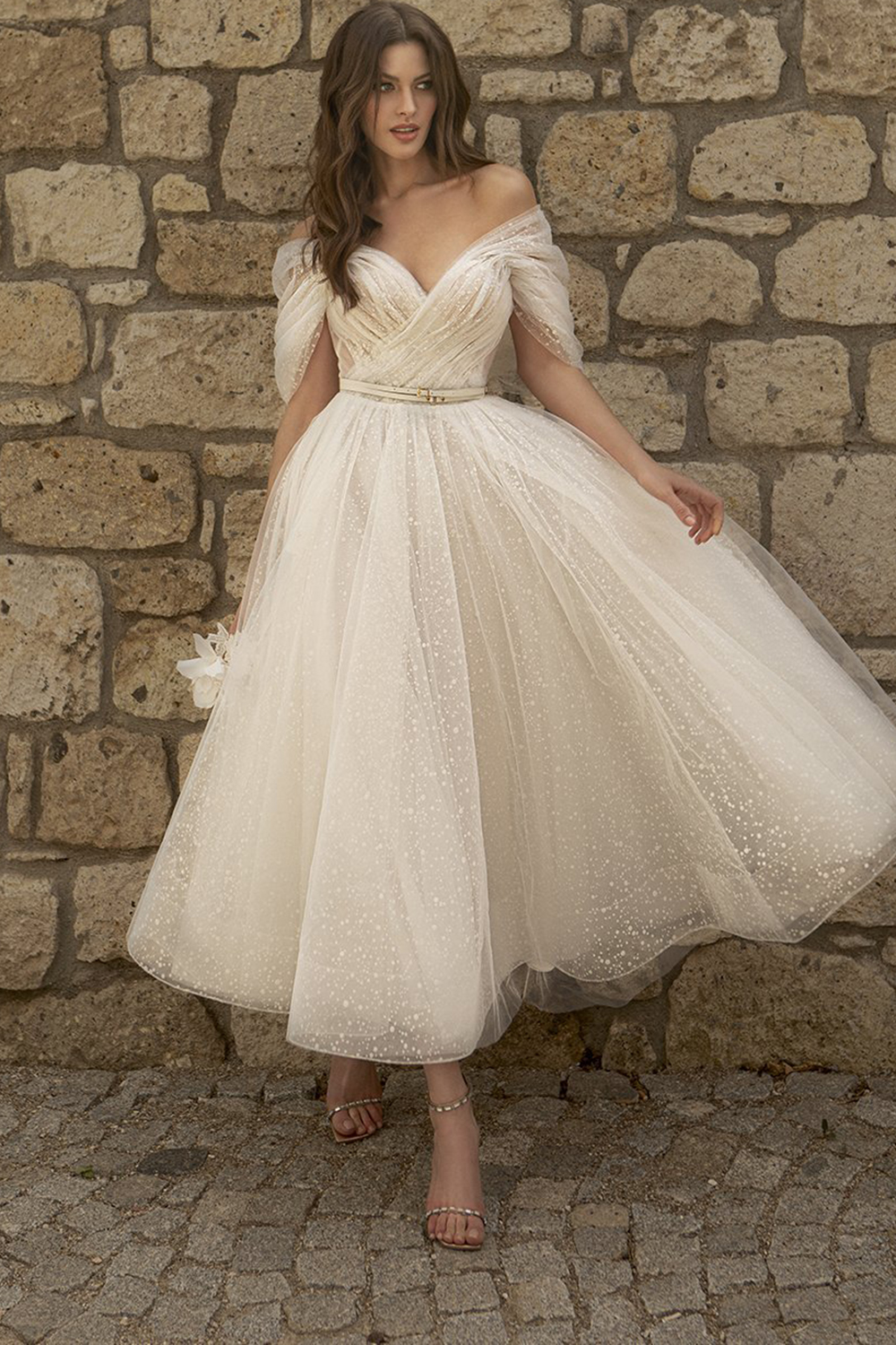Prom White Off The Shoulder Tulle Tunic Midi Dress (Without Belt)
