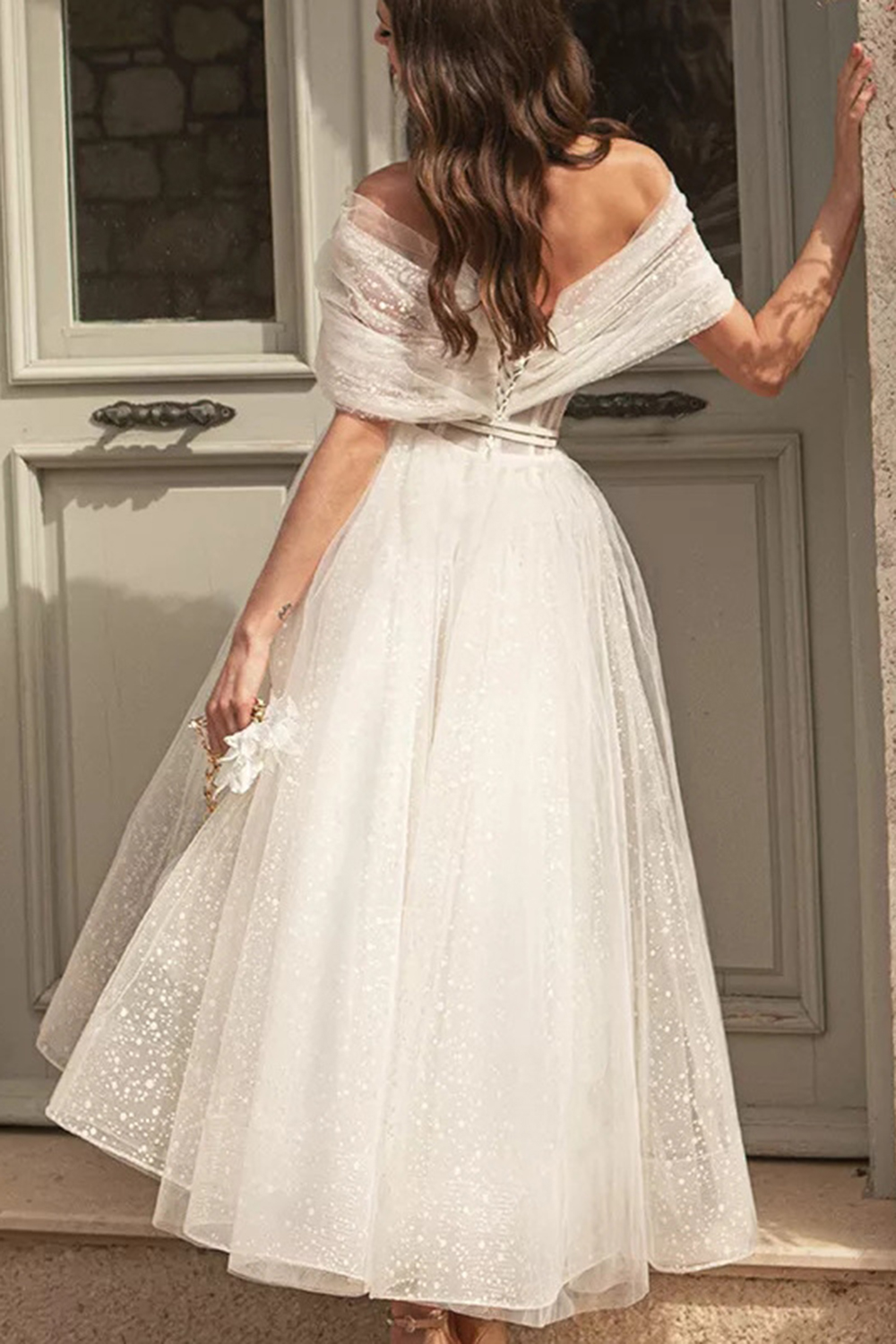 Prom White Off The Shoulder Tulle Tunic Midi Dress (Without Belt)