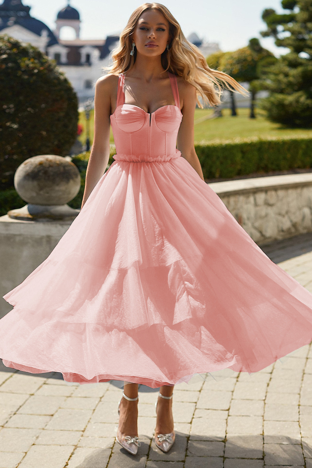 Prom Pink Mesh Sweetheart Neck Tiered Cami Midi Dress