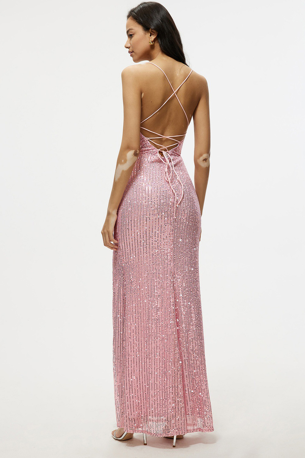 Party Pink Sequin Fold Backless Split Bodycon Cami Maxi Dress