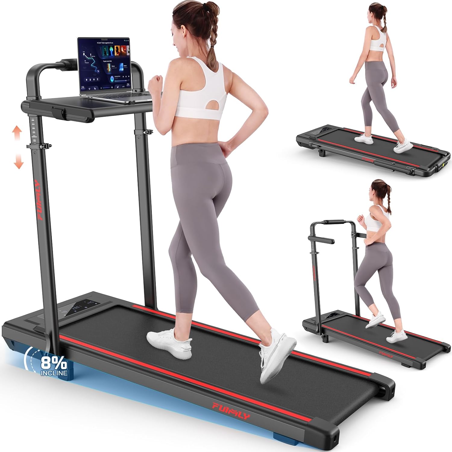 Walking Pad Treadmill with Desk Workstation, Incline Foldable Treadmill with Handrail, 300lbs Capacity-Funmily