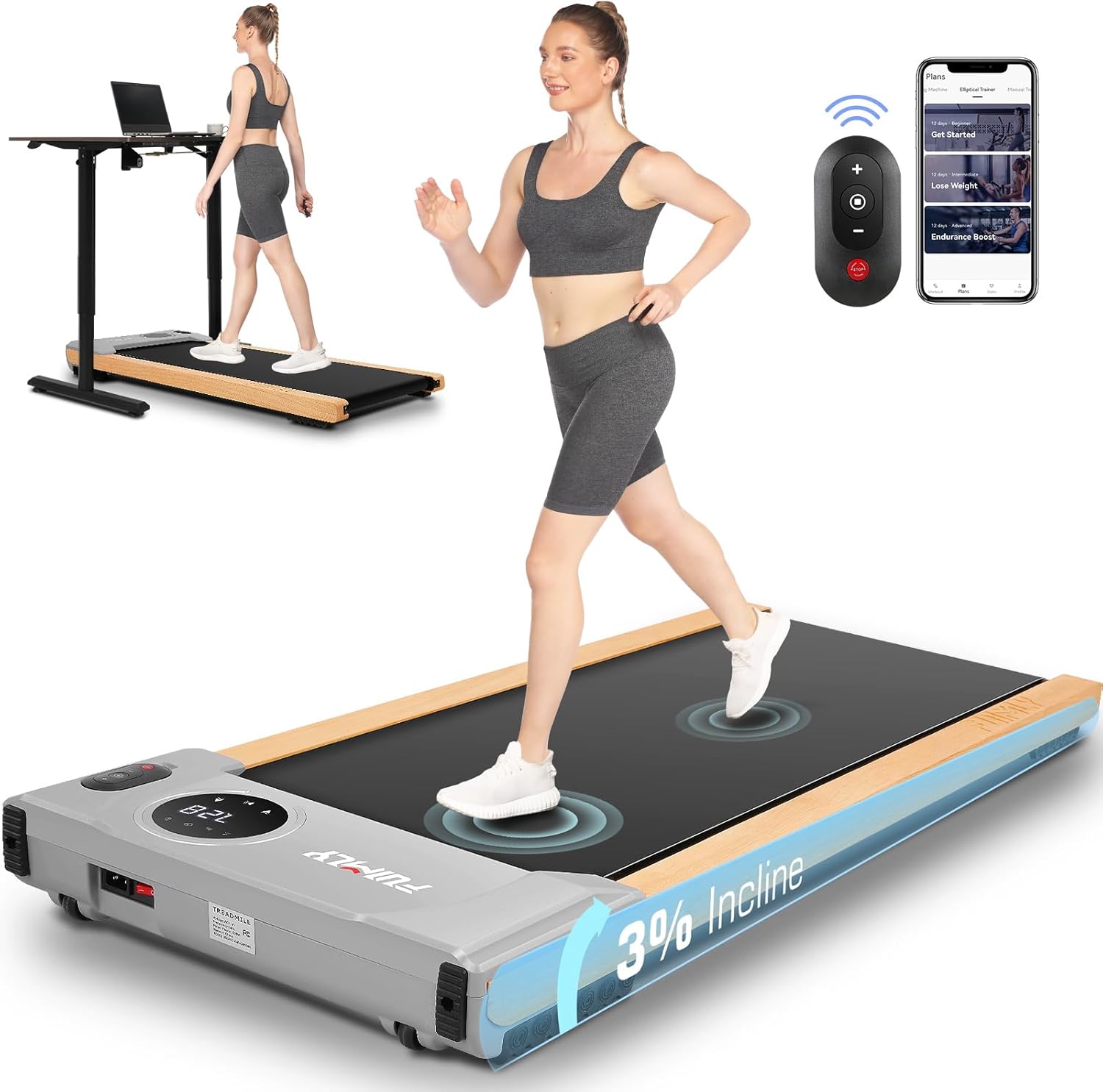 FUNMILY Walking Pad Treadmill with Incline, 2.5HP Wooden Under Desk Treadmill with Smart APP