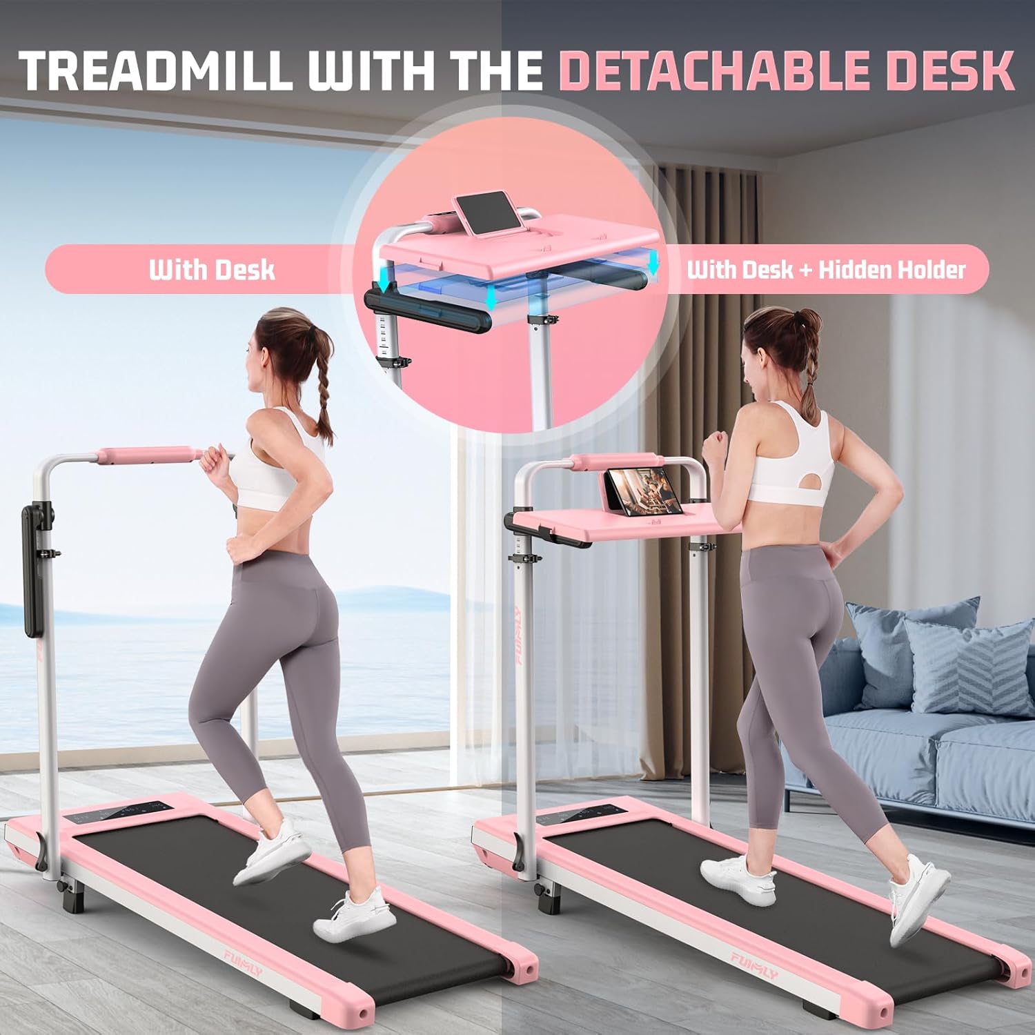 Walking Pad Treadmill with Desk Workstation, Incline Foldable Treadmill with Handrail, 300lbs Capacity-Funmily