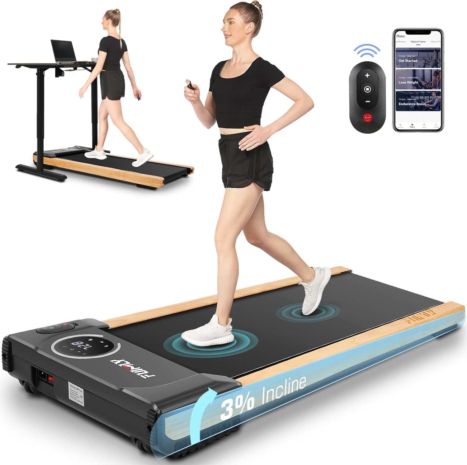 FUNMILY Walking Pad Treadmill with Incline, 2.5HP Wooden Under Desk Treadmill with Smart APP