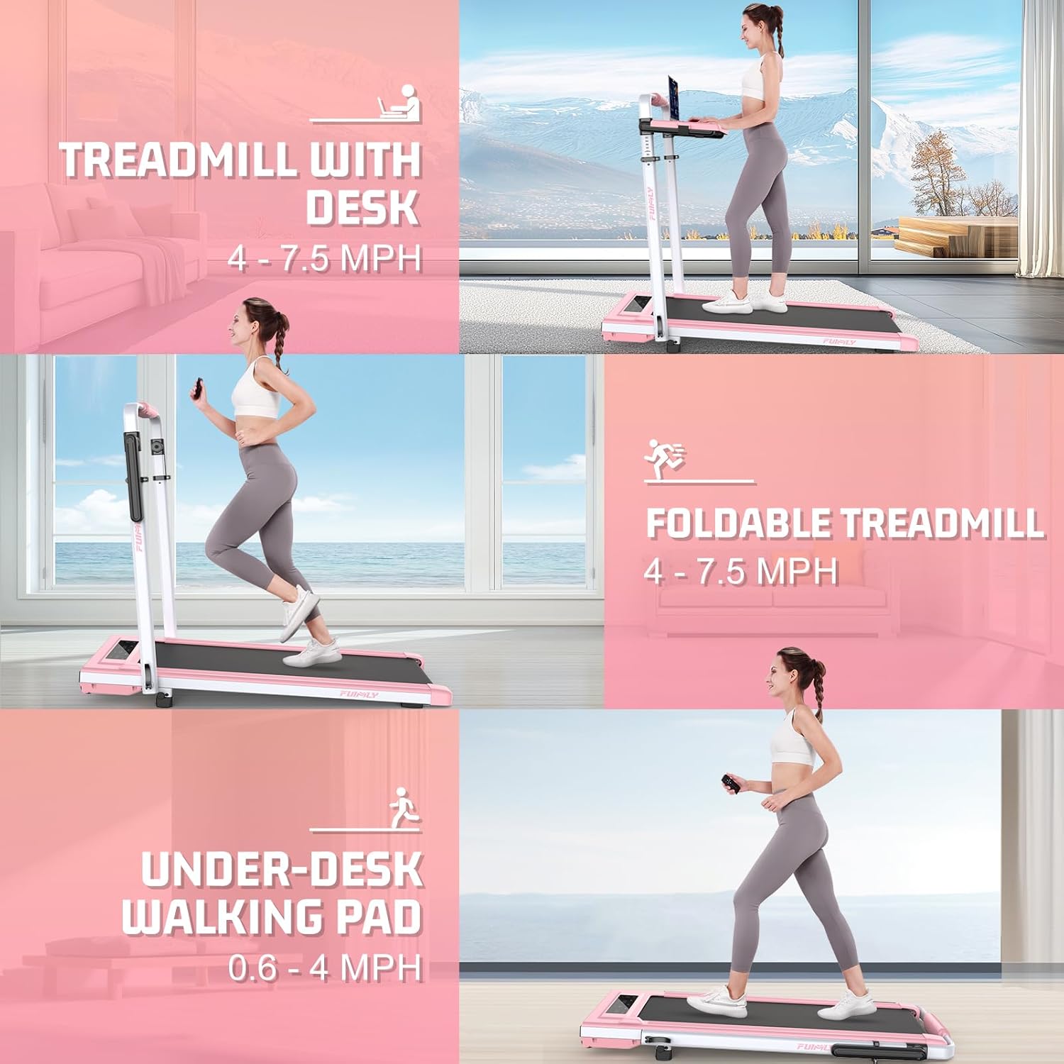 Walking Pad Treadmill with Desk Workstation, Incline Foldable Treadmill with Handrail, 300lbs Capacity-Funmily
