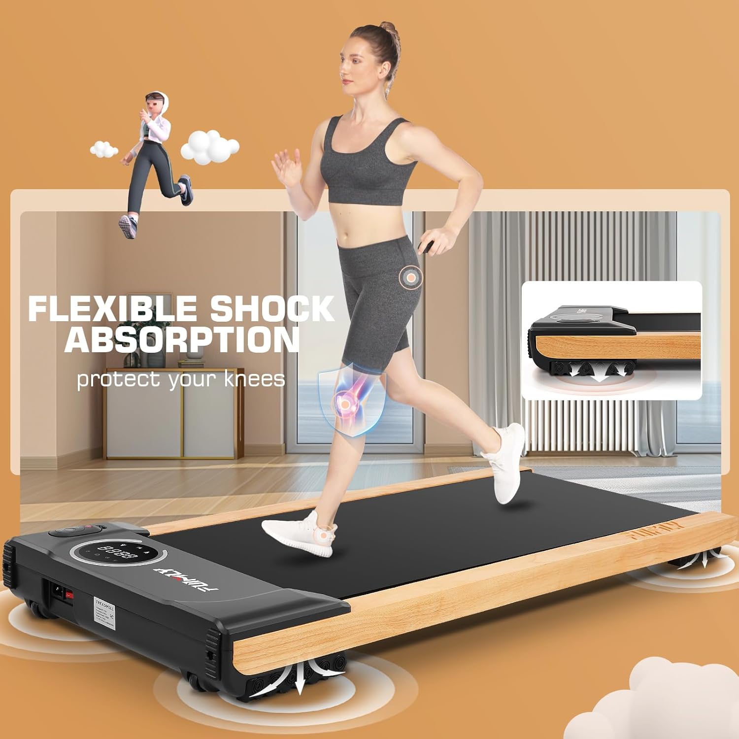 FUNMILY Walking Pad Treadmill with Incline, 2.5HP Wooden Under Desk Treadmill with Smart APP