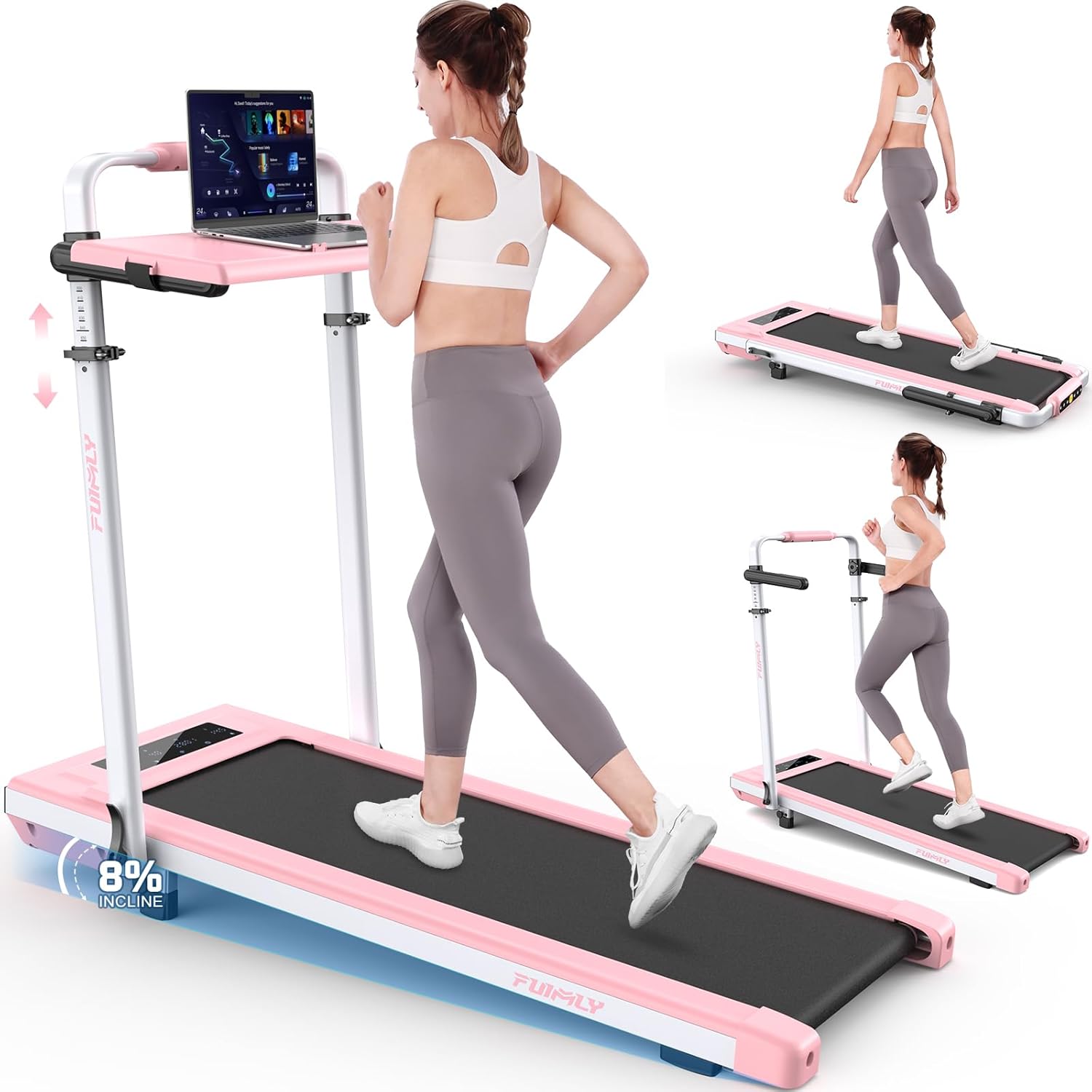 Walking Pad Treadmill with Desk Workstation, Incline Foldable Treadmill with Handrail, 300lbs Capacity-Funmily