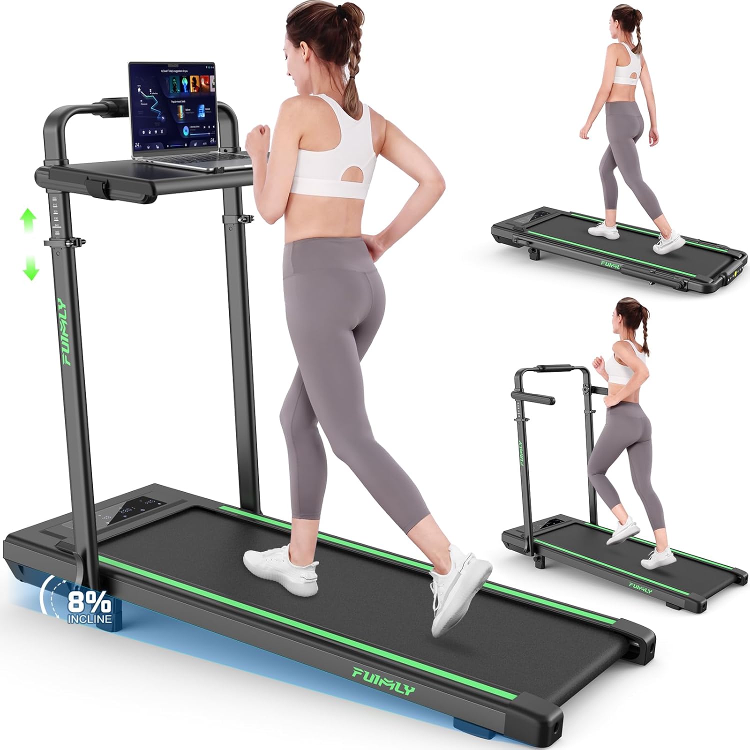 Walking Pad Treadmill with Desk Workstation, Incline Foldable Treadmill with Handrail, 300lbs Capacity-Funmily