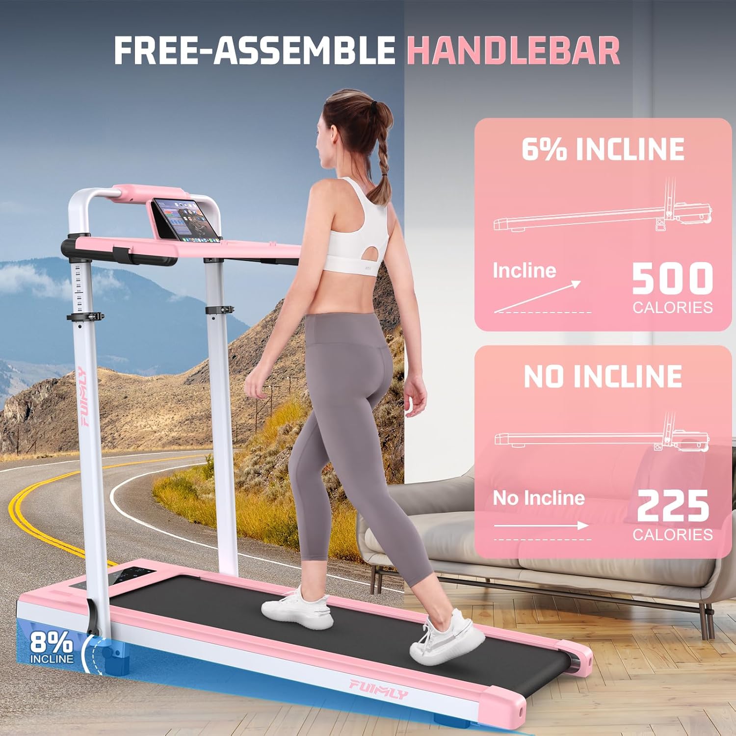 Walking Pad Treadmill with Desk Workstation, Incline Foldable Treadmill with Handrail, 300lbs Capacity-Funmily