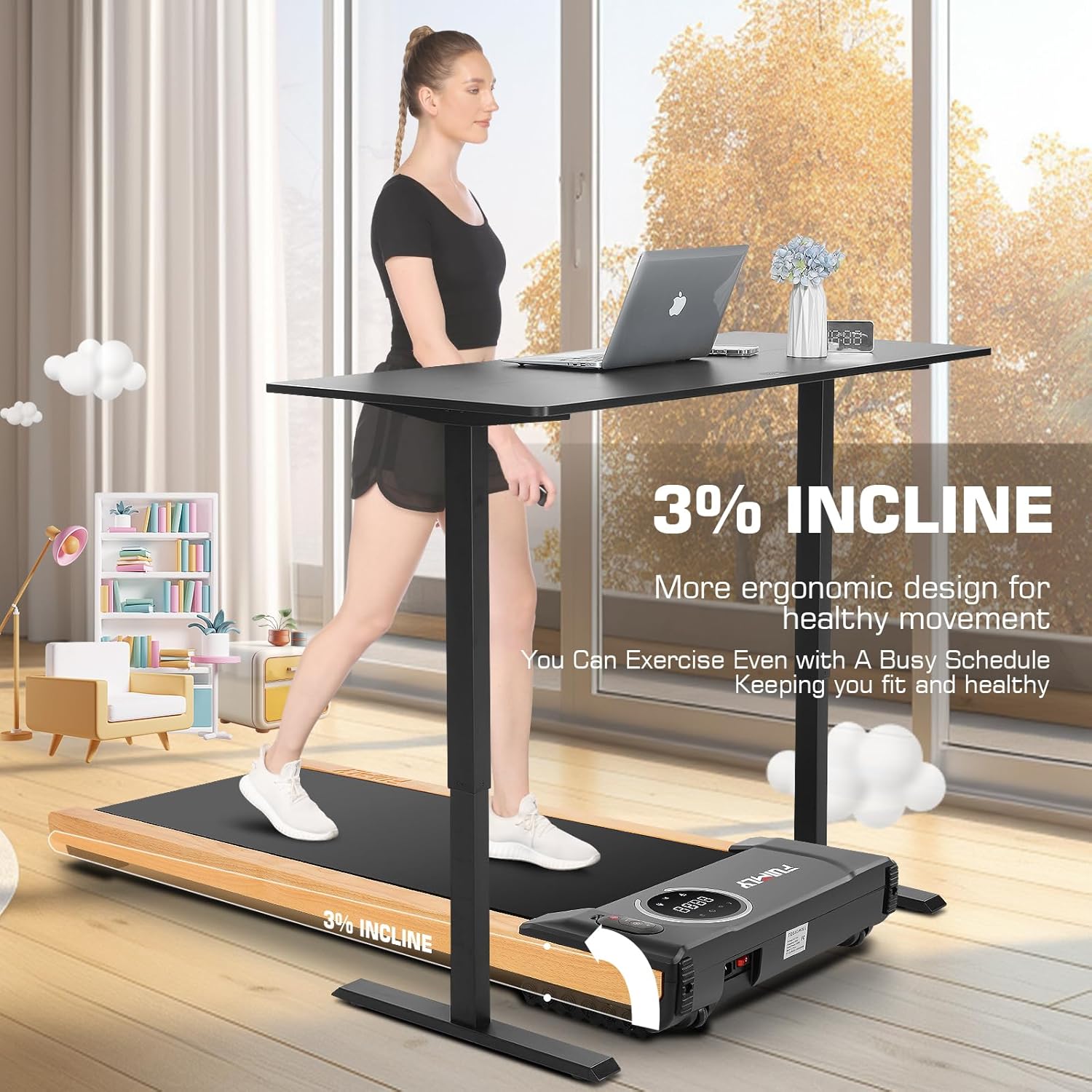 FUNMILY Walking Pad Treadmill with Incline, 2.5HP Wooden Under Desk Treadmill with Smart APP