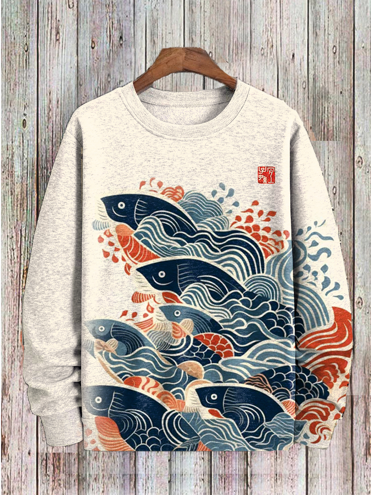 Men's Japanese Swimming Fish Ukiyo-E Art Print Sweatshirt-Styleame