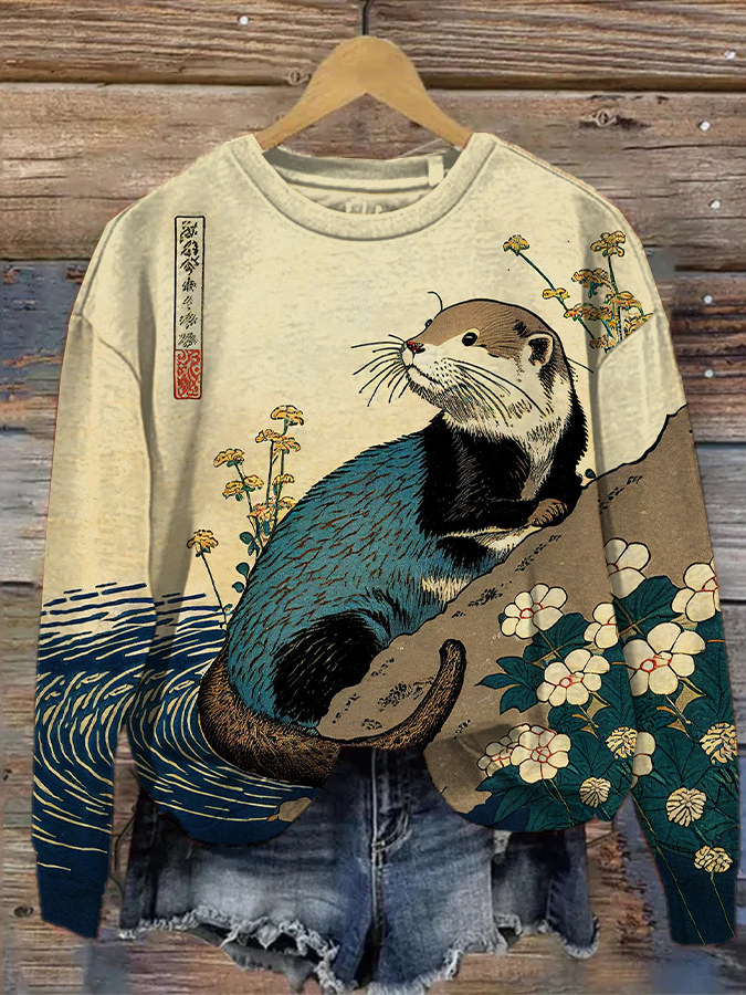 Women's Floral Otter Japanese Art Print Casual Sweatshirt-Styleame