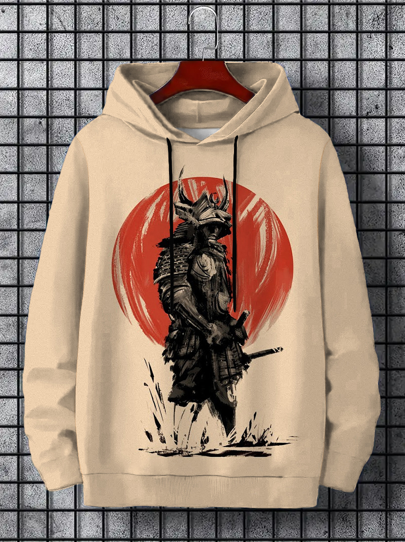 Men's Red Sun And Armour Samurai Ink Art Print Hoodie-Styleame