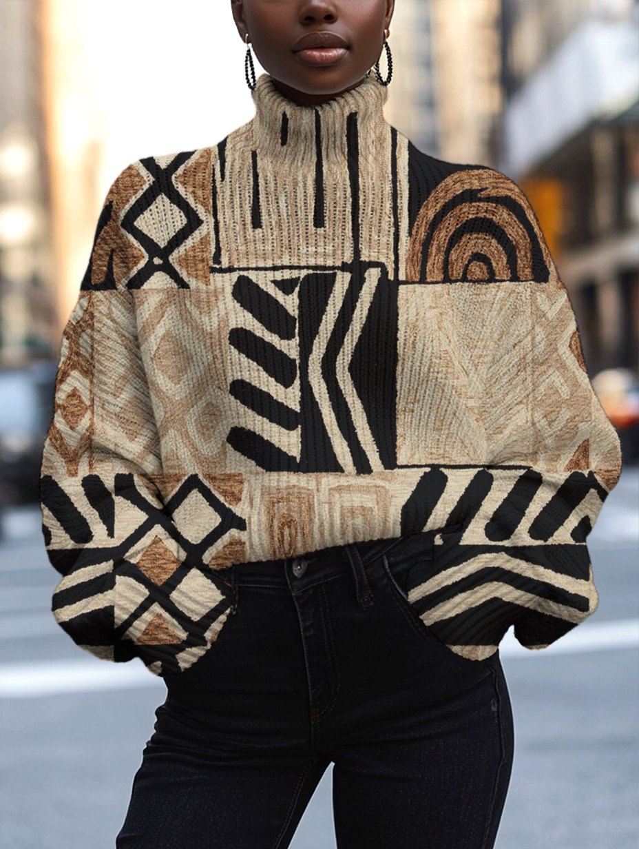 Women's Abstract Lines Geometry Print High Neck Knit Sweatshirt-Styleame