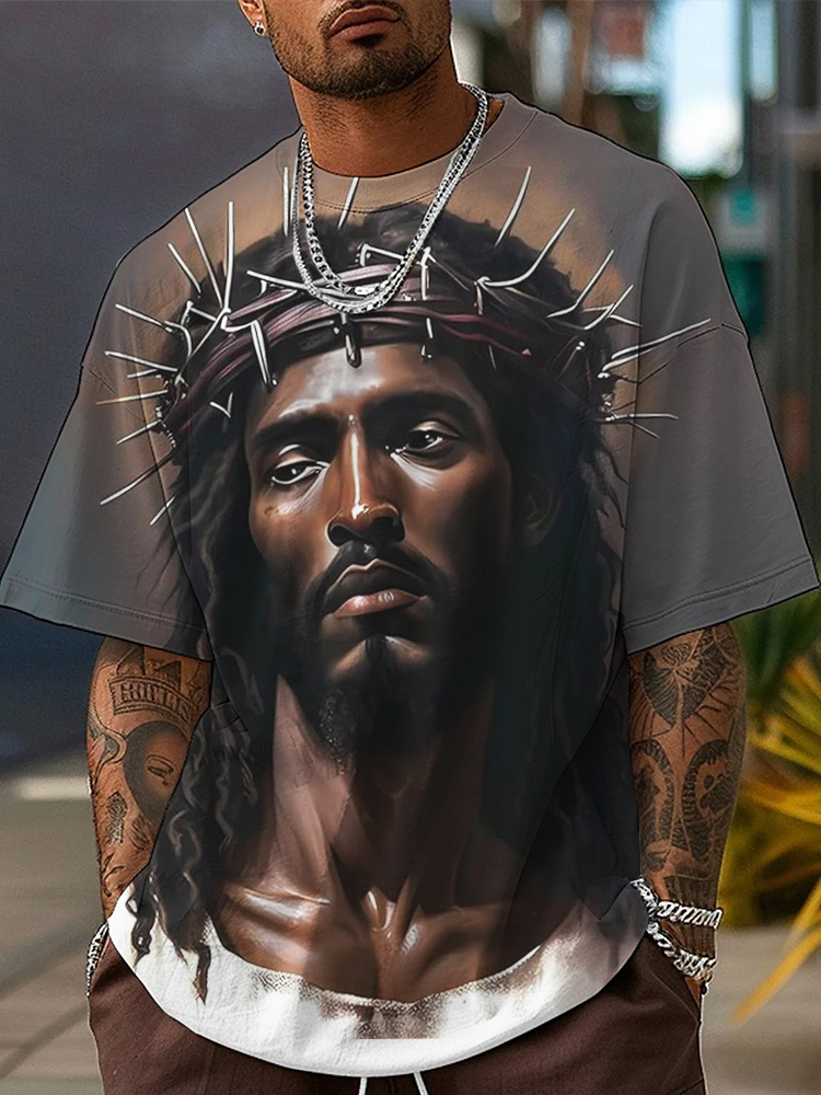 Men's Black Jesus Art Print Casual T-Shirt-Styleame