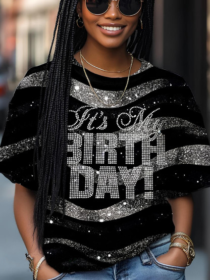 Women's Fashion Retro Rhinestone It's My Birthday Print Casual T-Shirt-Styleame