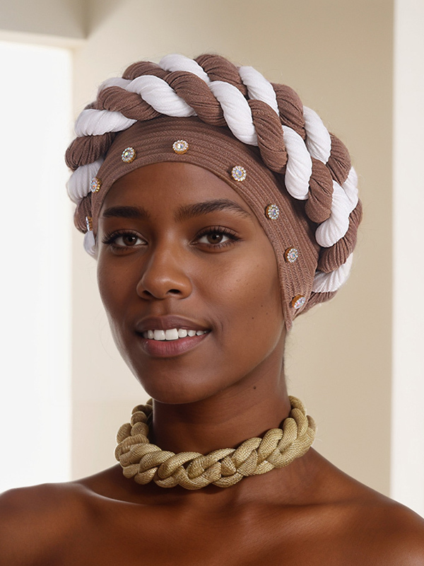 Women's Strip Rhinestone Decor Color Block Braid Turban Hat-Styleame