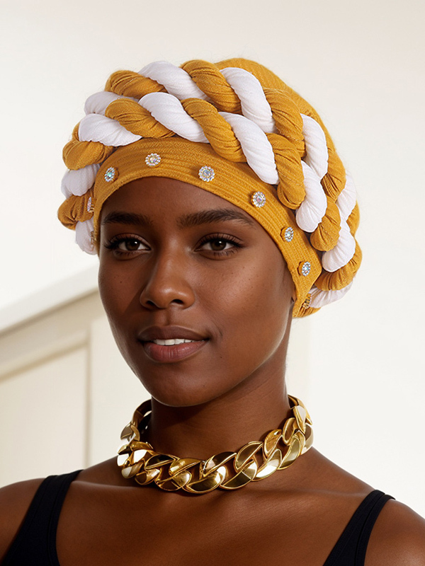 Women's Strip Rhinestone Decor Color Block Braid Turban Hat-Styleame