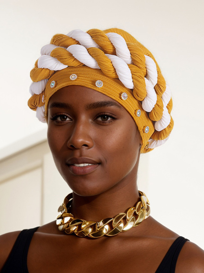 Women's Strip Rhinestone Decor Color Block Braid Turban Hat-Styleame