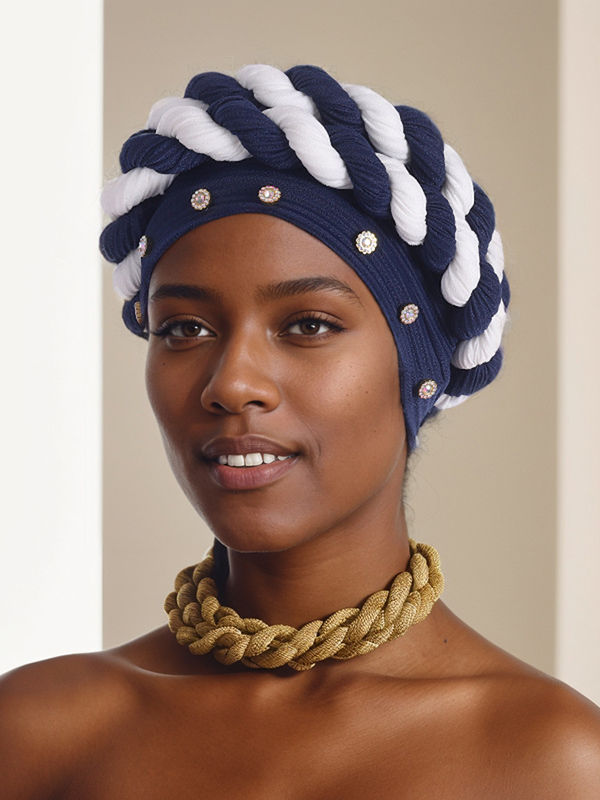 Women's Strip Rhinestone Decor Color Block Braid Turban Hat-Styleame