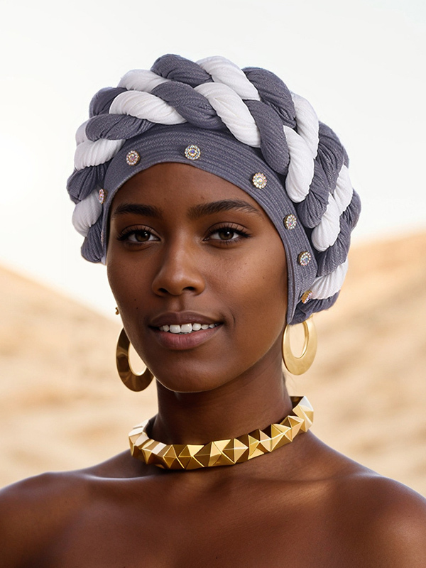 Women's Strip Rhinestone Decor Color Block Braid Turban Hat-Styleame