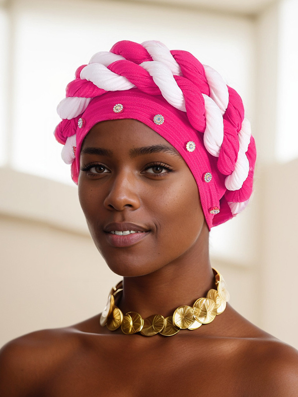 Women's Strip Rhinestone Decor Color Block Braid Turban Hat-Styleame