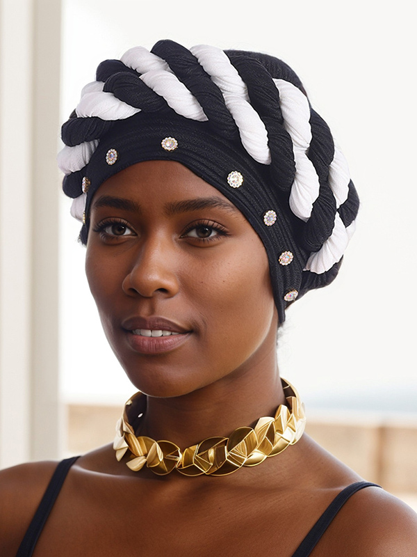Women's Strip Rhinestone Decor Color Block Braid Turban Hat-Styleame