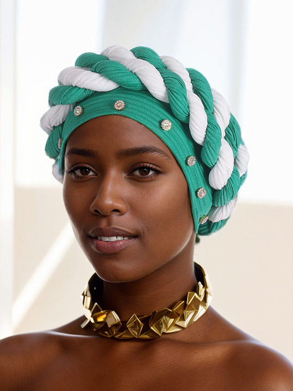 Women's Strip Rhinestone Decor Color Block Braid Turban Hat-Styleame