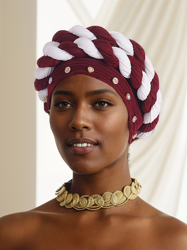 Women's Strip Rhinestone Decor Color Block Braid Turban Hat-Styleame