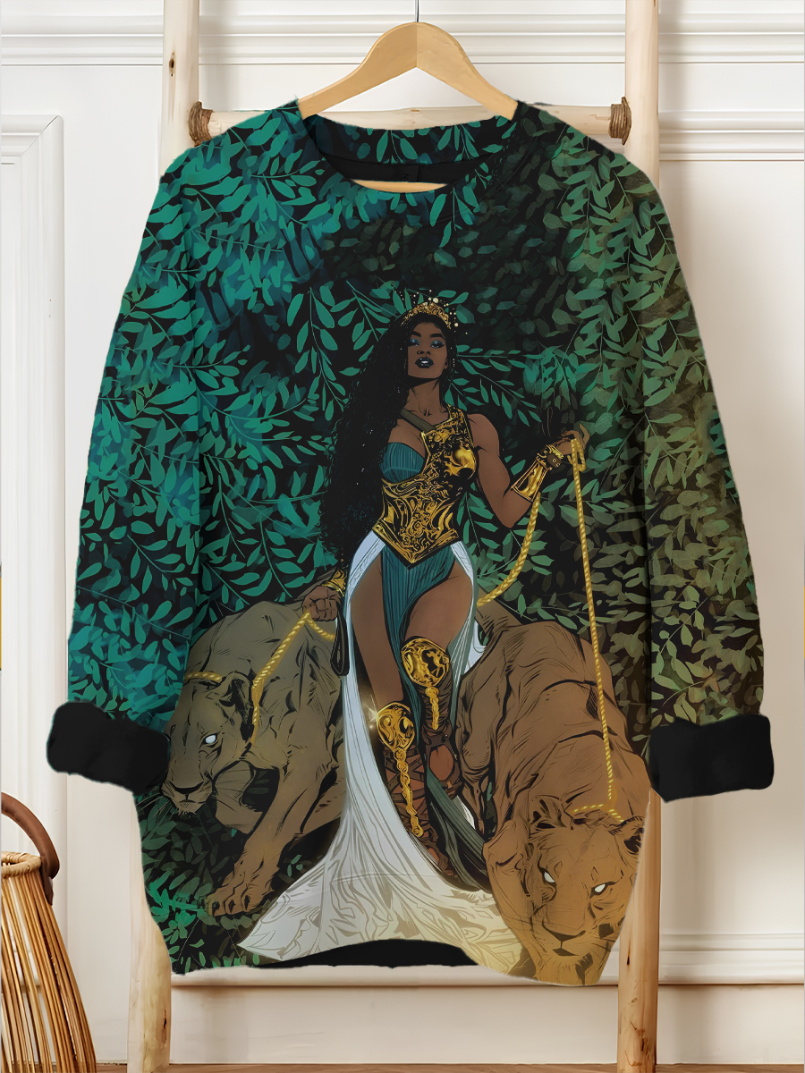 Women's Queen And Panthers Forest Art Print Cozy Sweatshirt-Styleame